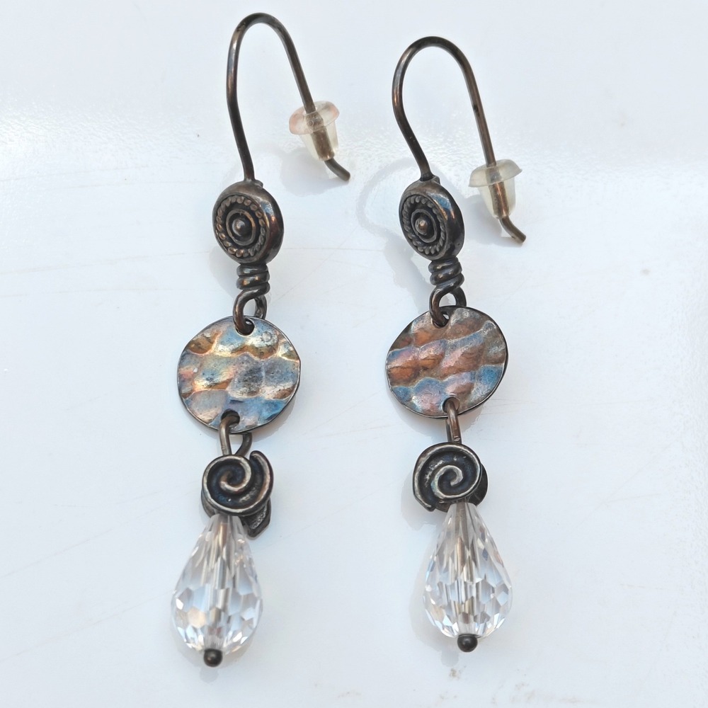 Silpada 925 Sterling Silver Drop Earrings Dangle Hammered Glass Crystal Bohemian